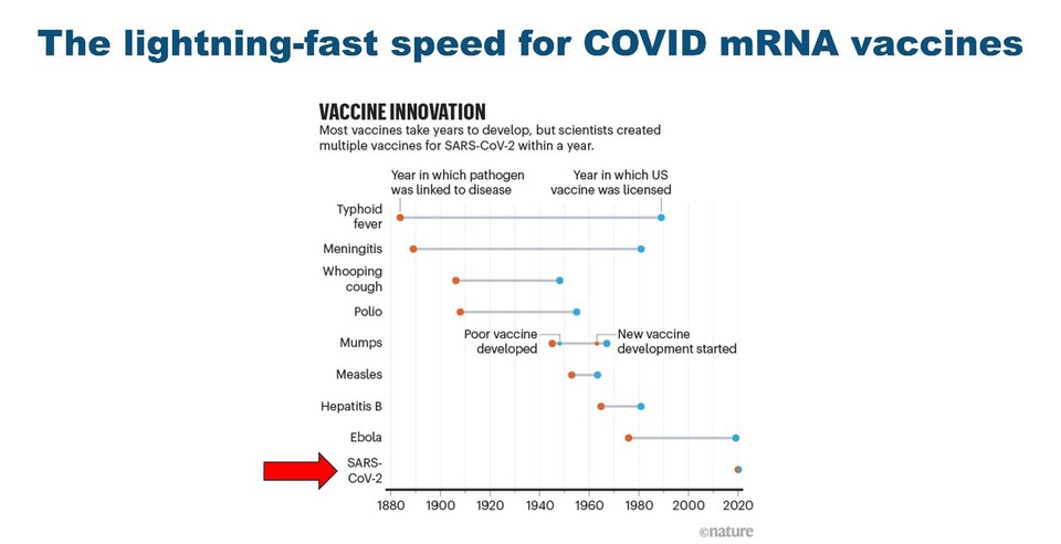 (그림2) 다른 백신과 비교한 코로나바이러스 mRNA 백신의 개발 속도.