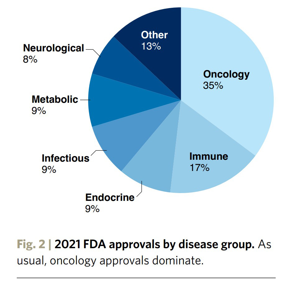 그림2) 질병군별 2021 FDA 승인. 일반적으로 종양학 약물에 대한 승인이 지배적이다.