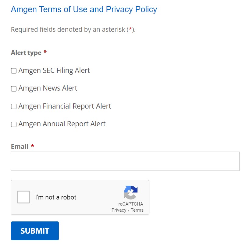 위 이미지는 암젠(Amgen)의 이메일 알람 등록 페이지이다. https://investors.amgen.com/resources/email-alerts