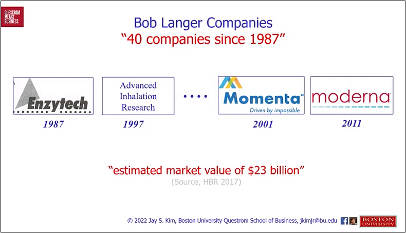 로버트 랭거 MIT 석좌교수는 1987년에 첫 번째 회사를 창업한 이후 약 40여개 회사를 창업했다. 그중 하나가 바로 모더나(Moderna)다.