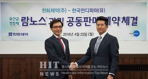 먼디파마 이명세 대표이사(왼쪽)와 한화제약 김경락 사장.