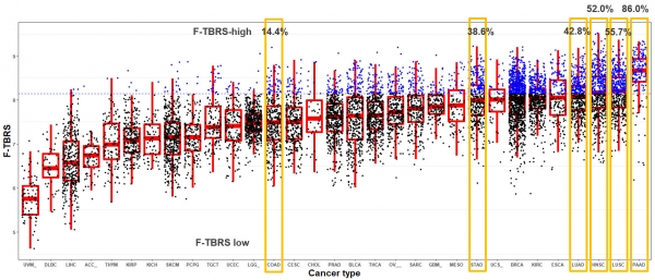 TGF-베타의 바이오마커인 TBRS가 여러 암에서 발현되는 수준을 나타낸 TCGA(The Cancer Genome Atlas) 검사 결과(메드팩토 자체 연구 자료)