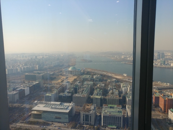 노바티스 사옥에서 보이는 전경. 이날은 미세먼지 농도가 심해 흐릿하게 보였다. 국회의사당과 한강이 보인다.