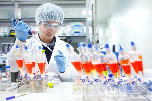 SK바이오사이언스 연구원이 세포배양 독감백신 생산을 위한 연구를 진행하고 있다(사진: SK바이오사이언스)