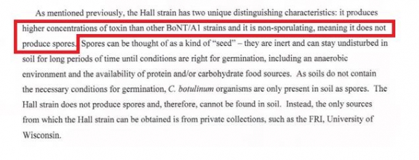 2019년 1월 30일 접수된 ITC 소장에 첨부된 전문가 Smith 진술서에서 the Hall strain(Hall A Hyper 균주를 지칭)은 포자를 형성하지 않는다는 내용 발췌(사진: 대웅제약)