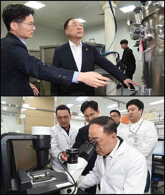 ▲ 홍남기 부총리는 16일 성남 소재 바이오산업 첫 유니콘기업인 에이프로젠을 방문했다.
