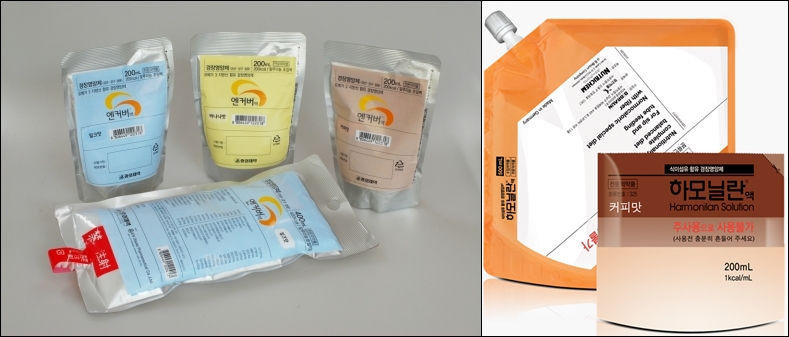 (왼쪽부터) 보험급여가 적용되는 경장영양제(전문의약품) JW중외제약의 '엔커버'와 비브라운/영진약품의 '하모닐란'