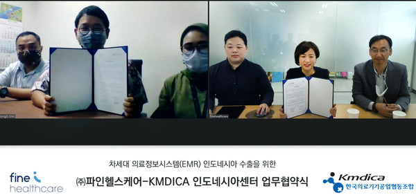 KMDICA 신성호 인도네시아센터장(왼쪽), 파인헬스케어 신현경 대표가 업무협약 후 기념촬영을 하고 있다.