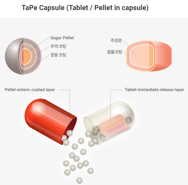 타페 캡슐 (사진제공=한국유나이티드제약) 내부 고형정제(Tablet)와 펠렛(Pellet)을 함유했다. 