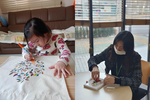 비대면 봉사활동에 참여한 유영제약 임직원과 가족이 에코백과 공기정화 식물 액자를 만드는 모습