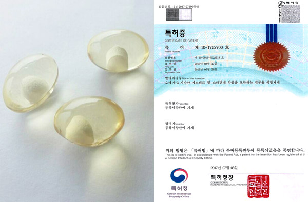 2017년 당시 오메가-3 지방산 에스테르 캡슐제 내부에 스타틴 계열 정제를 함입한 제제(왼쪽), 특허증 (사진제공=한국유나이티드제약)