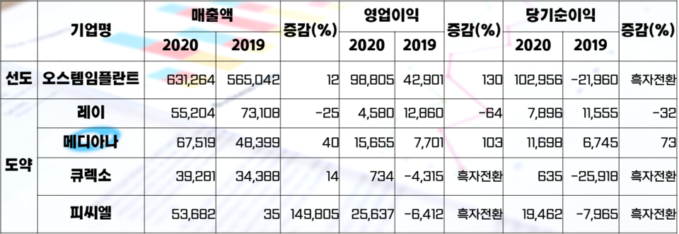 혁신형 의료기기 인증기업 중 매출액 또는 손익구조 30%이상 변동기업 재무제표(단위 : 억원)