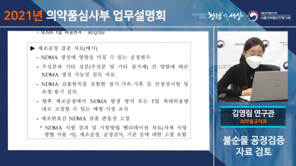 김영림 의약품규격과 연구관이 제조공정 검증 자료에 속할 항목들을 사례로 들었다. (설명회 영상 캡처)