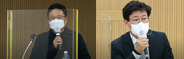 이혁재 셀트리온 상무(왼쪽)과 김용신 삼성바이오로직스 글로벌지원센터장(상무)가 16일 온라인으로 진행된 'K-바이오 랩센트럴 조성을 통한 바이오산업 육성' 토론회에서 발표하고 있다. 