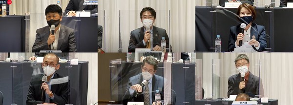 이어 패널토론은 송시영 연세대학교 의과대학 교수가 좌장으로 박래웅 아주대학교 교수, 고학수 서울대학교 법학전문대학교 교수, 허윤정 아주대학교 교수, 신제원 에임메드 대표, 김현준 뷰노 대표, 안기종 환자단체연합회 대표, 김지훈 한겨레신문 기자가 참석했다.(시계방향으로 심제원 에임메드 대표, 김현준 뷰노 대표, 허윤정 아주대학교 교수, 안기종 환자단체연합회 대표, 박래웅 교수, 고학수 서울대학교 법학전문대학교 교수)