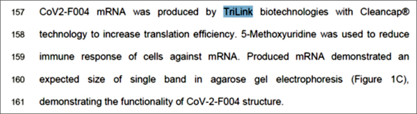 아이진이 발표한 논문을 살펴보면 회사는 TriLink에 제작된 mRNA를 사용했다고 돼 있다.