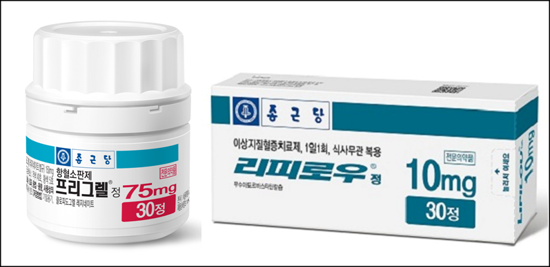 종근당 항혈소판제 프리그렐정과 이상지질혈증 치료제 리피로우정10mg