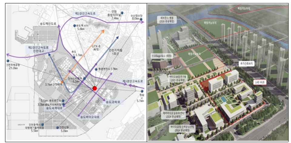 인천 송도 K-바이오랩허브 후보지 위치 및 예상 조감도