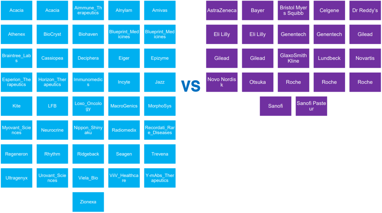 2020년 FDA 품목허가 획득 기업 명단 이재현 교수는 "새로운 품목허가 획득에 성공하는 기업이 대기업에서 주요 파이프라인 1,2개에 집중하는 소규모 기업으로 옮겨가고 있다"며 스타트업의 비중 확대가 글로벌 추세라고 강조했다.