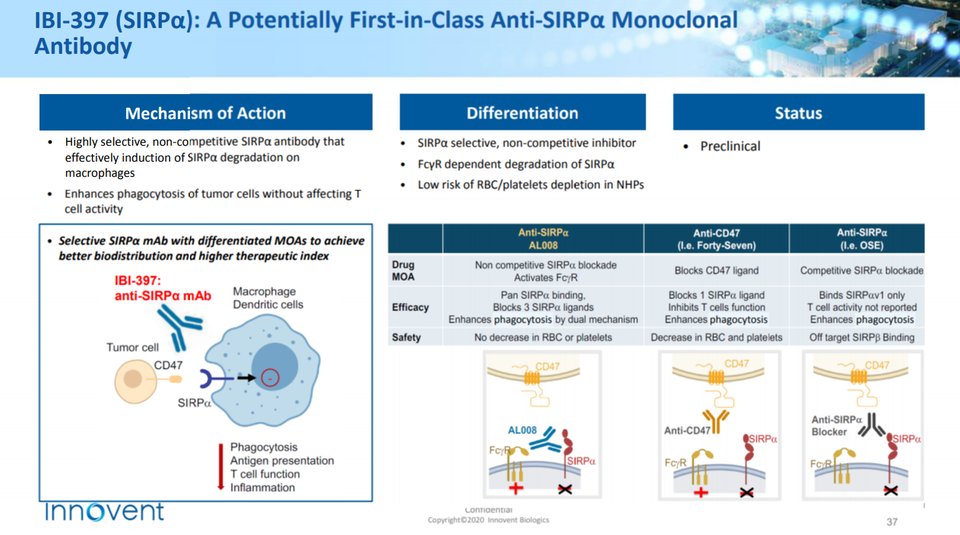 Innovent IR 슬라이드. 자사의 항SIRPa 항체와 경쟁 약물 간의 차별성을 보여준다.