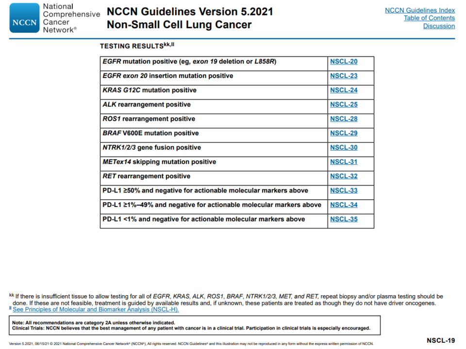 NCCN 가이드라인 버전 5.2021, 비소세포폐암. 현재 비소세포폐암 환자는 다양한 유전자 검사를 통해 적합한 표적 치료제를 선택한다. 이 가이드라인에 ‘HER2 돌연변이’는 없다.