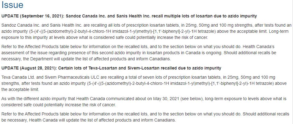 캐나다 연방보건부 로사르탄 회수 상황 공지  (출처 : 캐나다 연방보건부 웹사이트, https://healthycanadians.gc.ca)