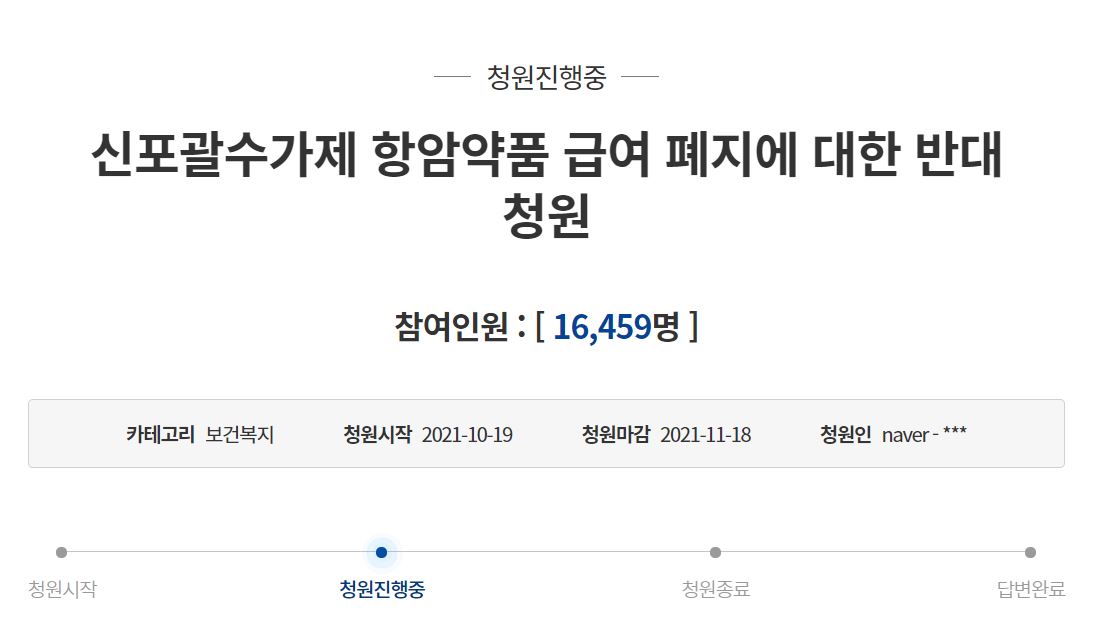 청와대 국민청원 게시판에 게시된 '신포괄수가제 항암약품 급여 폐지에 대한 반대' 청원에 1만 6000명이 넘는 국민이 참여했다. (출처 = 청와대 국민청원 게시판)
