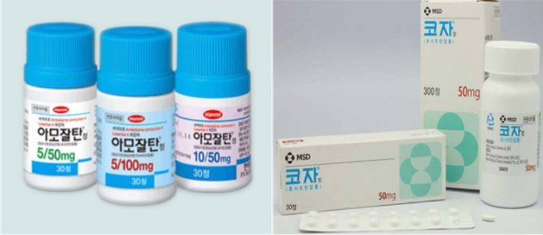부분 회수되는 한미약품 로사르탄 성분 고혈압치료제와 미 회수 대상인 한국 MSD 고혈압치료제. 