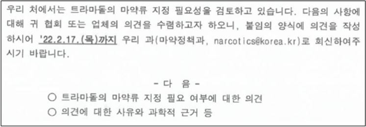 식품의약품안전처는 지난 8일 '트라마돌'의 마약류 지정 필요성을 검토하기 위한 의견조회 공문을 관련 협회 및 업체에 발송했다. (자료 : 식약처 공문 발췌)