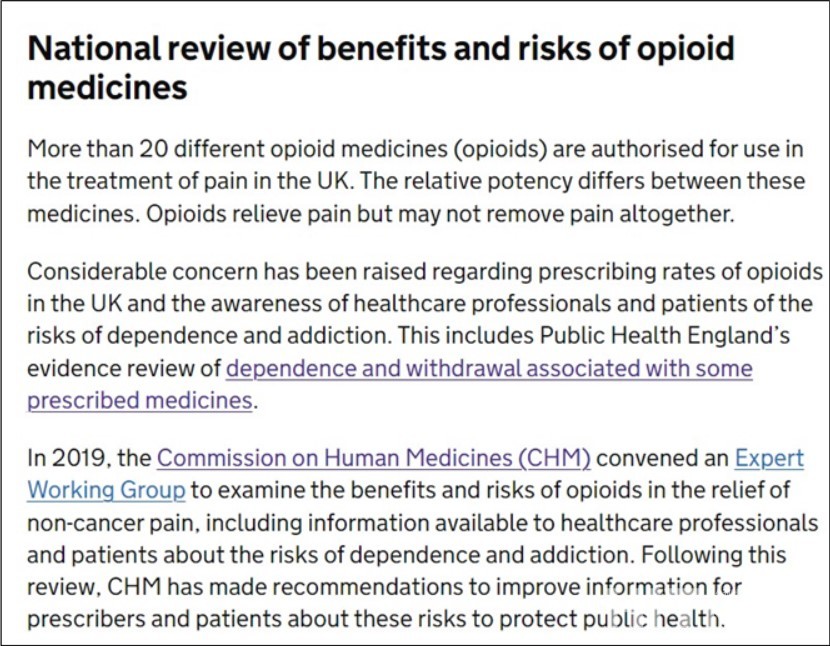 영국 정부기관 웹사이트에는 마약성 의약품(OpIoid medicine)에 대한 안내 페이지가 존재한다. (출처 : 영국 정부기관 웹사이트, https://www.gov.uk/drug-safety-update/opioids-risk-of-dependence-and-addiction)