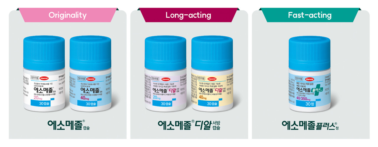 한미약품 위식도역류질환 치료제 에소메졸패밀리(사진 왼쪽부터 △에소메졸캡슐 △에소메졸디알서방캡슐 △에소메졸 플러스정)