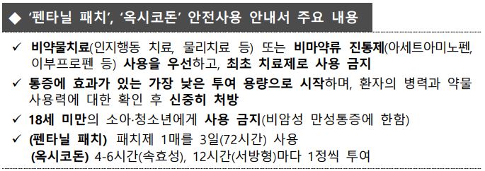 '펜타닐 패치', '옥시코돈' 안전사용 안내서 주요 내용 (자료 출처 : 식약처)