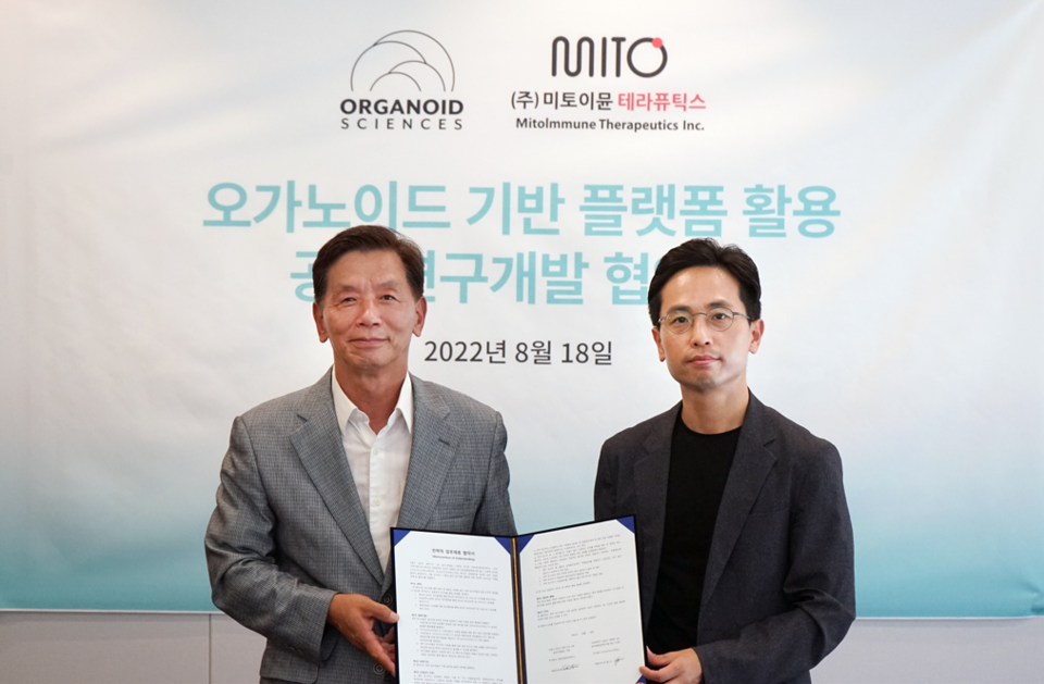 (사진 왼쪽부터) 김순하 미토이뮨테라퓨틱스 대표와 유종만 오가노이드사이언스 대표가 공동연구개발 양해각서(MOU)를 체결했다.