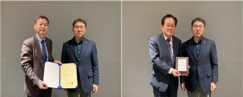 (왼쪽 사진, 왼쪽부터) 여재천 사무국장, 홍성한 이사장, 조헌제 전문이사