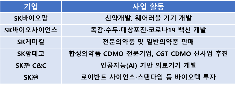 SK그룹의 바이오헬스케어 사업 영역