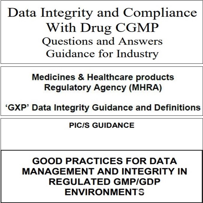 (사진 위쪽부터) FDA CGMP DI 가이드라인, 영국 MHRA DI 가이드라인, PIC/S DI 가이드라인