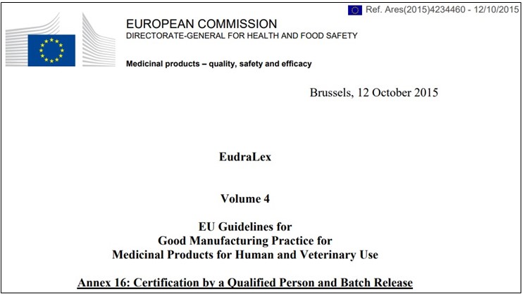 EU GMP Annex 16(Certification by a Qualified Person and Batch Release) (출처 :