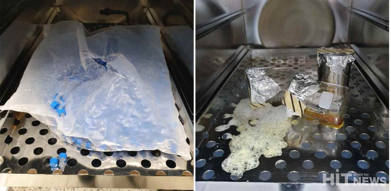 PE 필름 Bag(사진 왼쪽), 알루미늄 호일(사진 오른쪽)을 사용해 오토클래이브를 진행했으나, 통기가 되지 않아 내부압력에 의해 터져 멸균에 실패한 사례 (출처 : 히트뉴스 제보사진)
