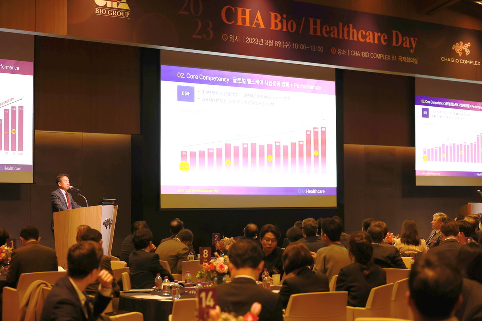 오상훈 차바이오텍 대표가 8일 열린 ‘CHA Bio/Healthcare Day’에서 사업 현황에 대해 발표하고 있다. / 사진=차바이오그룹
