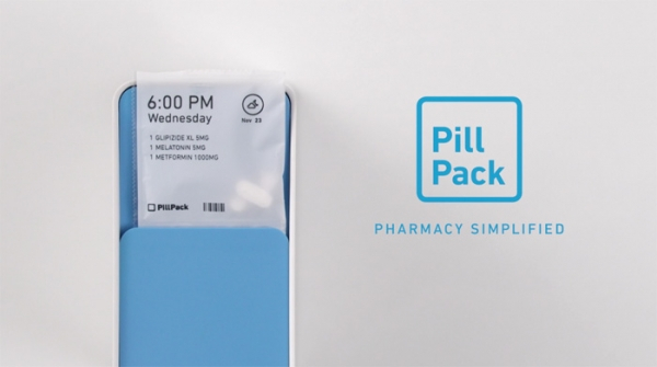 아마존이 인수한 의약품 조제 배송 기업 필팩. 파란색 상자에 시간대별로 복용해야 하는 약을 조제해 배송한다. (사진출처=PillPack)