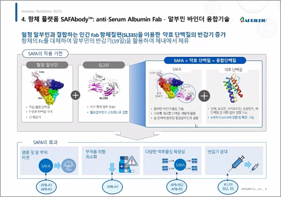 에이프릴바이오는 SAFA 플랫폼을 보유하고 있다. / 출처=회사 IR 자료