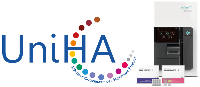 dRAST가 독점 공급될 UniHA의 로고(왼쪽)와 dRAST 제품 이미지(오른쪽) / 사진=퀀타매트릭스