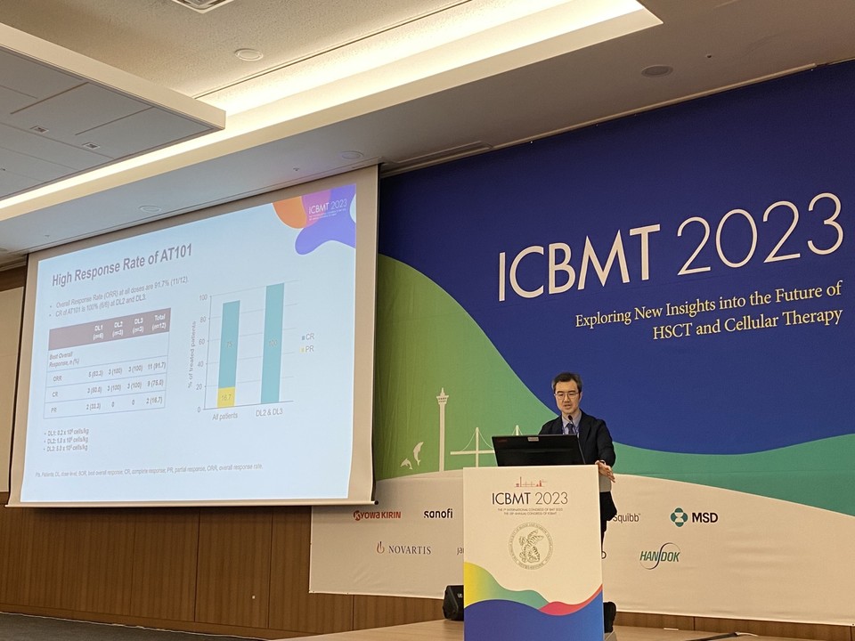 윤덕현 서울아산병원 CAR-T 센터 소장이 ICBMT 2023에서 'AT101' 임상 1상 후속 관찰 결과를 발표하고 있다. / 사진=앱클론