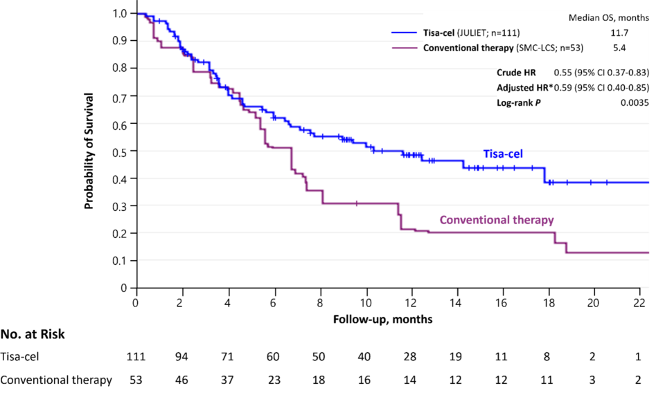 킴리아 투여군과 국내 표준치료요법 투여군의 전체생존기간 비교 / 사진=성균관대학교 약학대학