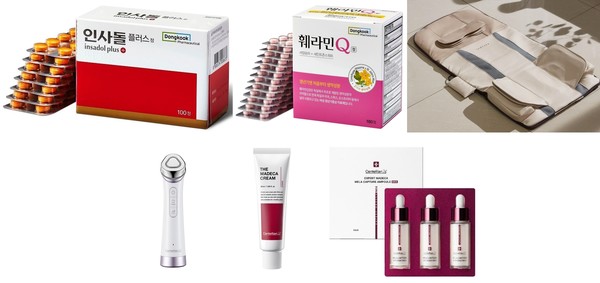 (왼쪽부터) 인사돌플러스, 훼라민Q, 스포테라 온열 안마메트, 마데카 프라임, 더 마데카 크림, 엑스퍼트 마데카 멜라 캡처 앰플 맥스