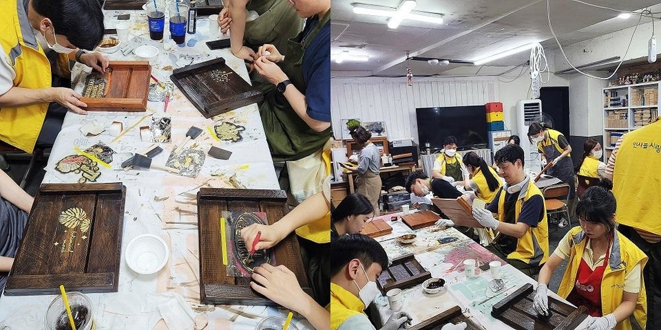 동국바카라 꽁머니의 '인사돌플러스 사랑봉사단'이 '폐목재Blooming 활동'에 함께 했다. / 사진=동국제약