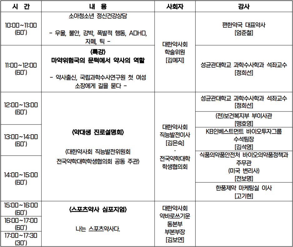 대한민국약사학술제 컨퍼런스 E룸(1~2) 일정