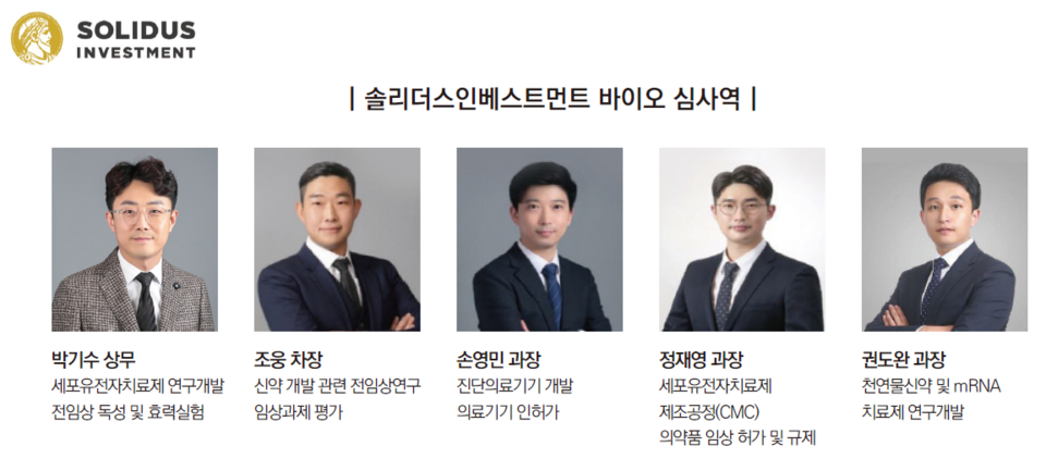 솔리더스인베스트먼트는 5명의 바이오 심사역을 보유하고 있다.