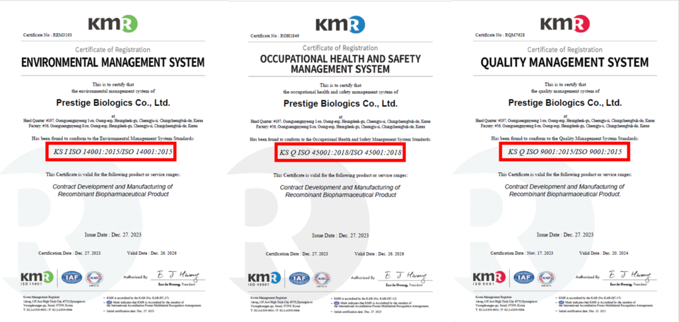 프레스티지바이오로직스(대표 현덕훈)는 지난 27일 국제표준화기구(ISO)로부터 'ISO 45001(안전보건경영시스템)'과 'ISO 14001(환경경영시스템)'을 신규 취득하고, 'ISO 9001(품질경영시스템)' 인증을 갱신했다