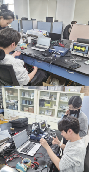 동국대 바이오헬스의료기기규제과학과 전자실에서 연구원들이 생체신호 측정 장비인 바이오팩을 이용해 생리학적 신호를 측정하고 분석하고 있다. / 사진=동국대